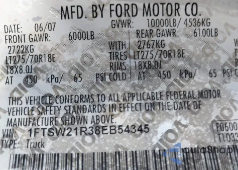 2008 Ford F-250 Fx4/Harley-Davidson/King Ranch/Lariat/Xl/Xlt from USA, damaged, VIN 1FTSW21R38EB54345